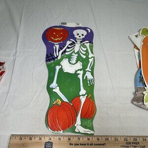 Vintage Halloween EUREKA Die Cut SKELETON Pumpkins FLOCKED Decor New Old Stock